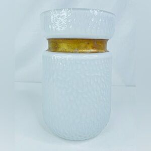 Torre & Tagus Vase White Milk Textured Glass Metal Brass Neck 8"